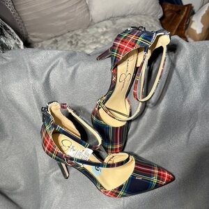 Guess Red and Blue Plaid Stiletto Heels